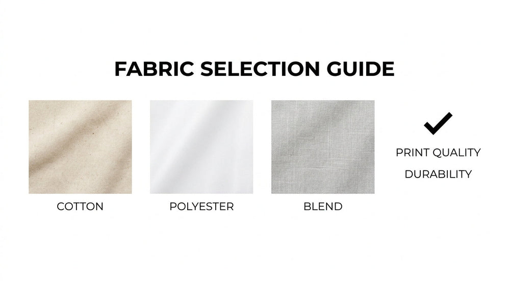 Fabric selection guide comparing cotton, polyester, and blended fabrics for custom T-shirts based on print quality and durability.