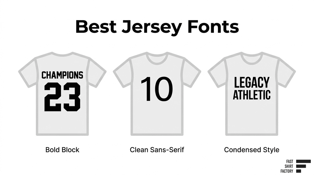 Best jersey font styles shown as bold block, clean sans-serif, and condensed lettering on sports shirts.