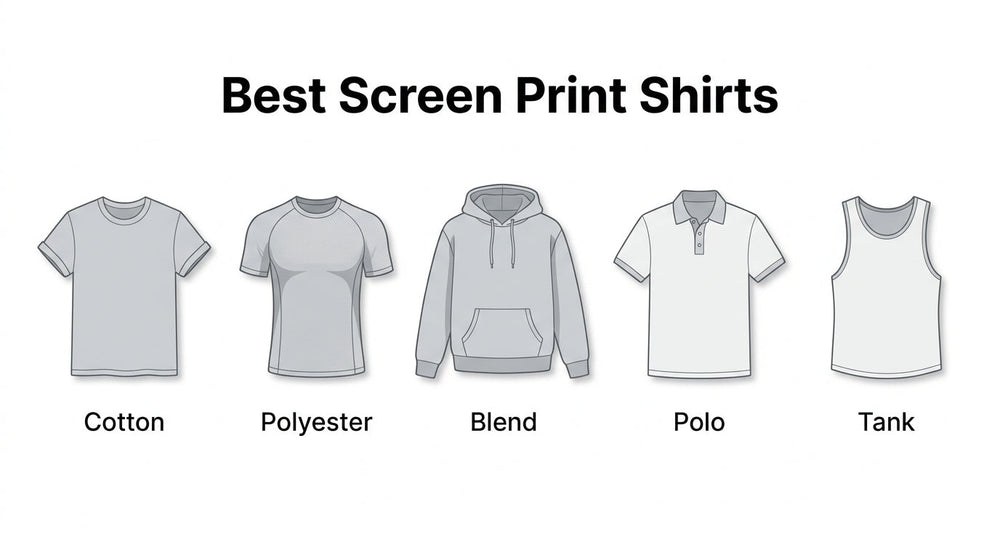 Best shirts for screen printing infographic showing cotton, polyester, blend, polo, and tank top options.