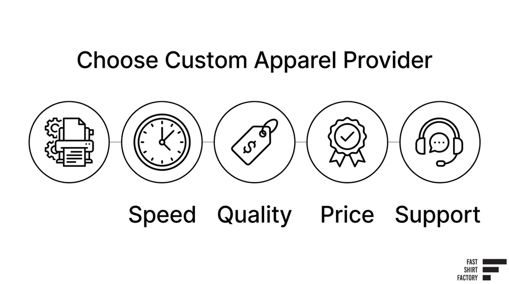 Custom apparel provider selection guide comparing print capabilities, speed, quality, pricing, and customer support.