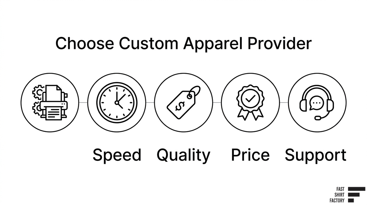 Custom apparel provider selection guide comparing print capabilities, speed, quality, pricing, and customer support.
