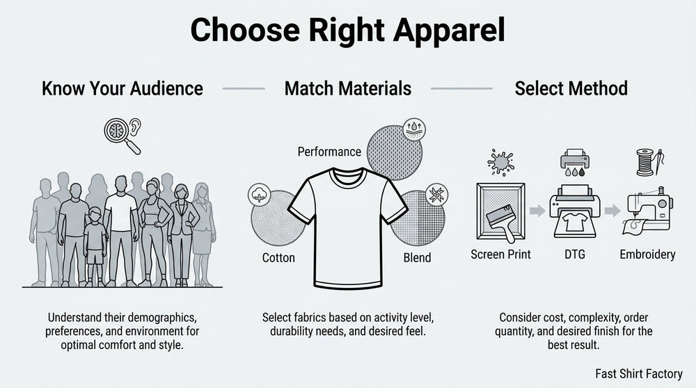 Custom apparel selection guide showing how to choose the right clothing by understanding your audience, matching fabrics such as cotton, performance, and blends, and selecting screen printing, DTG, or embroidery.