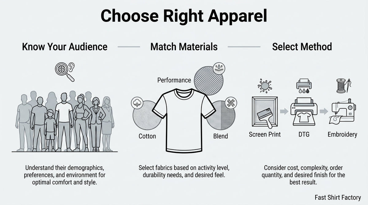 Custom apparel selection guide showing how to choose the right clothing by understanding your audience, matching fabrics such as cotton, performance, and blends, and selecting screen printing, DTG, or embroidery.