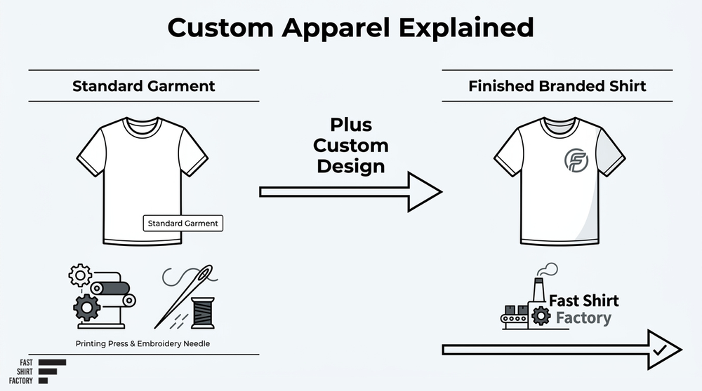 Custom apparel process showing a standard garment transformed into a finished branded shirt with printing or embroidery.