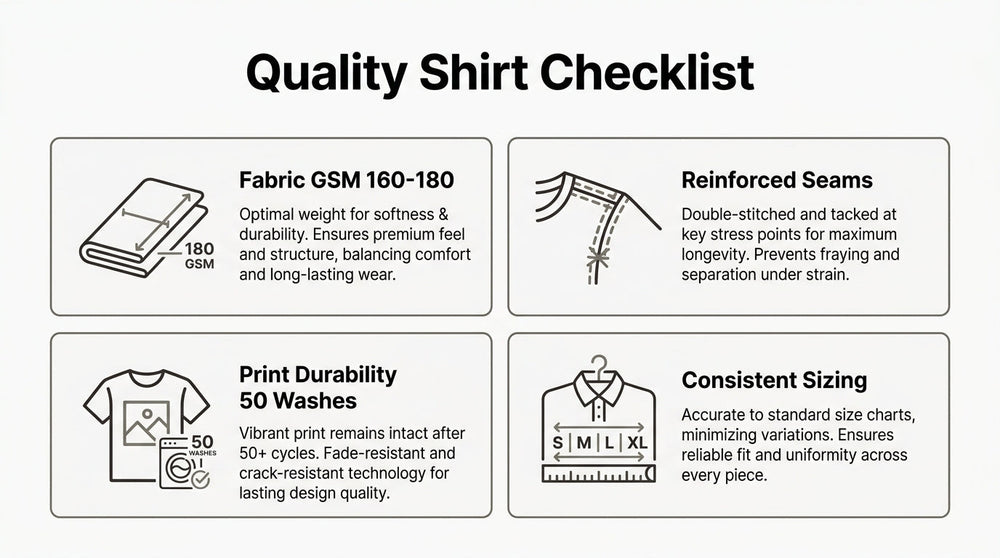 Quality custom shirt checklist showing 160–180 GSM fabric, reinforced seams, durable printing after 50 washes, and consistent sizing.
