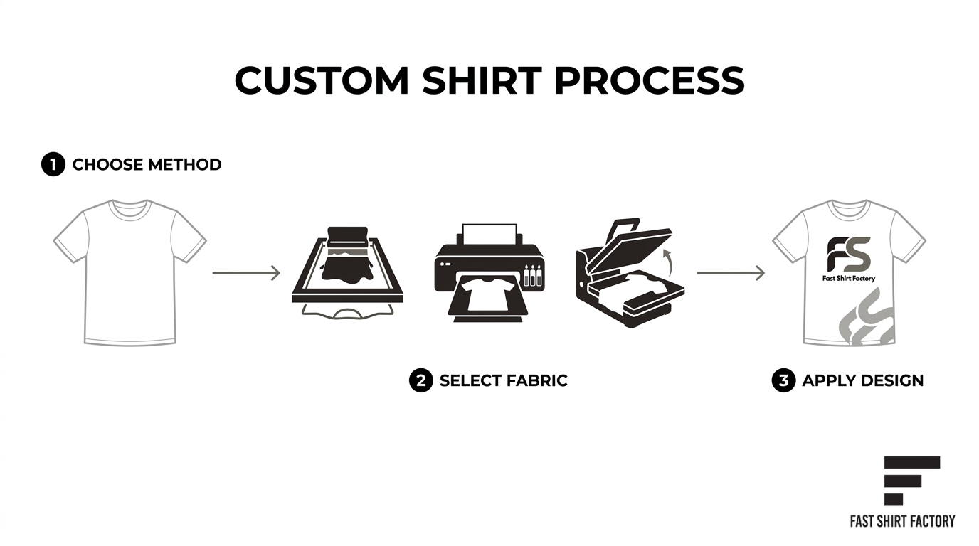 Custom T-shirt creation process showing how to choose a printing method, select the fabric, and apply the final design.