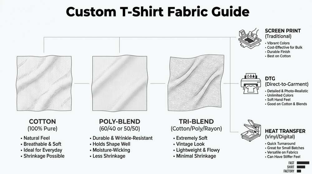 Custom T-shirt fabric guide comparing cotton, poly-blend, and tri-blend materials with suitable printing methods.