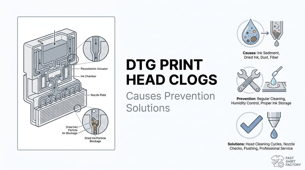 DTG print head clog infographic showing dried ink and particle blockages, common causes, prevention methods, and cleaning solutions.