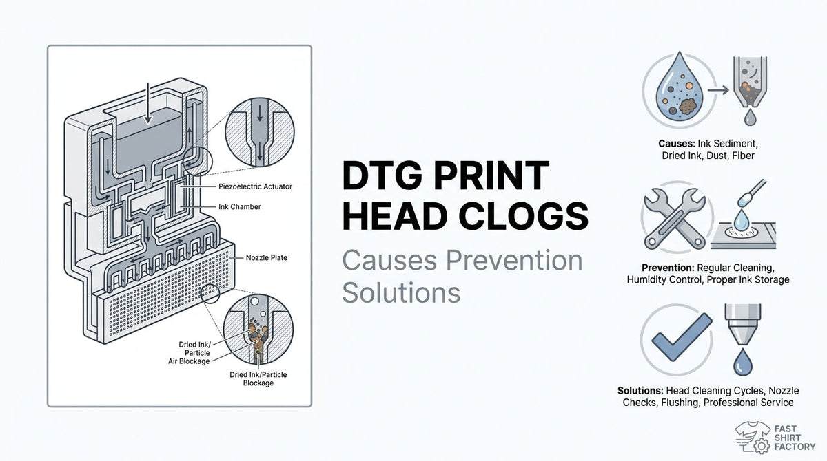 DTG print head clog infographic showing dried ink and particle blockages, common causes, prevention methods, and cleaning solutions.