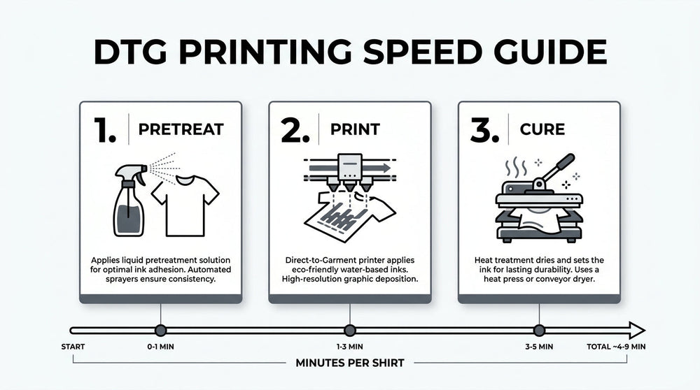 DTG printing speed guide showing pretreatment, printing, and curing steps with a total production time of about 4–9 minutes per shirt.