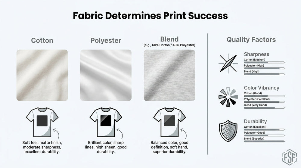 T-shirt fabric print quality infographic comparing cotton, polyester, and blended fabrics by sharpness, color vibrancy, feel, and durability.