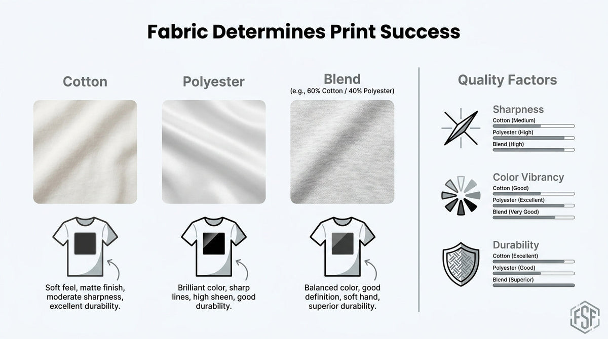 T-shirt fabric print quality infographic comparing cotton, polyester, and blended fabrics by sharpness, color vibrancy, feel, and durability.