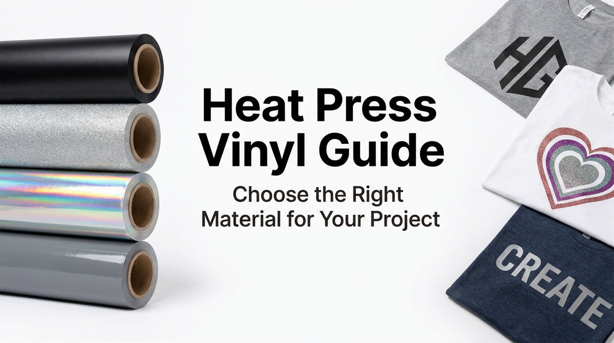 Heat press vinyl guide showing rolls of black, glitter, holographic, and gray HTV alongside custom printed T-shirts.