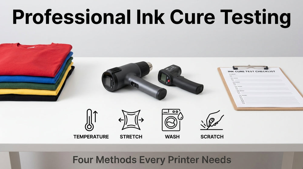 Professional ink cure testing setup showing printed shirts, heat testing tools, and four print durability checks: temperature, stretch, wash, and scratch.