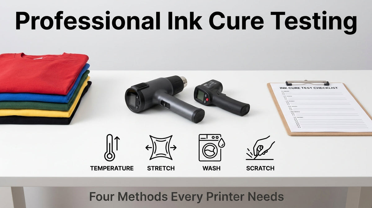 Professional ink cure testing setup showing printed shirts, heat testing tools, and four print durability checks: temperature, stretch, wash, and scratch.