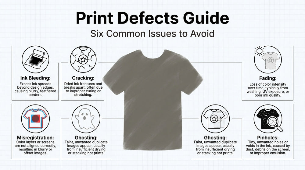 Print defects guide showing common screen printing issues including ink bleeding, cracking, fading, misregistration, ghosting, and pinholes.