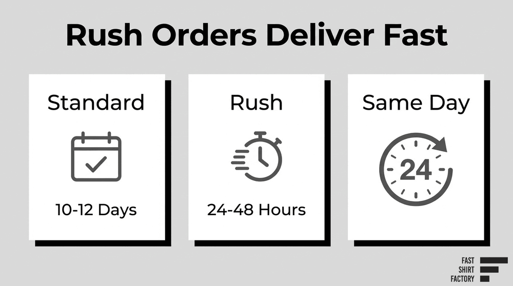 Standard, rush, and same-day apparel printing timelines compared from 10–12 days to 24 hours.