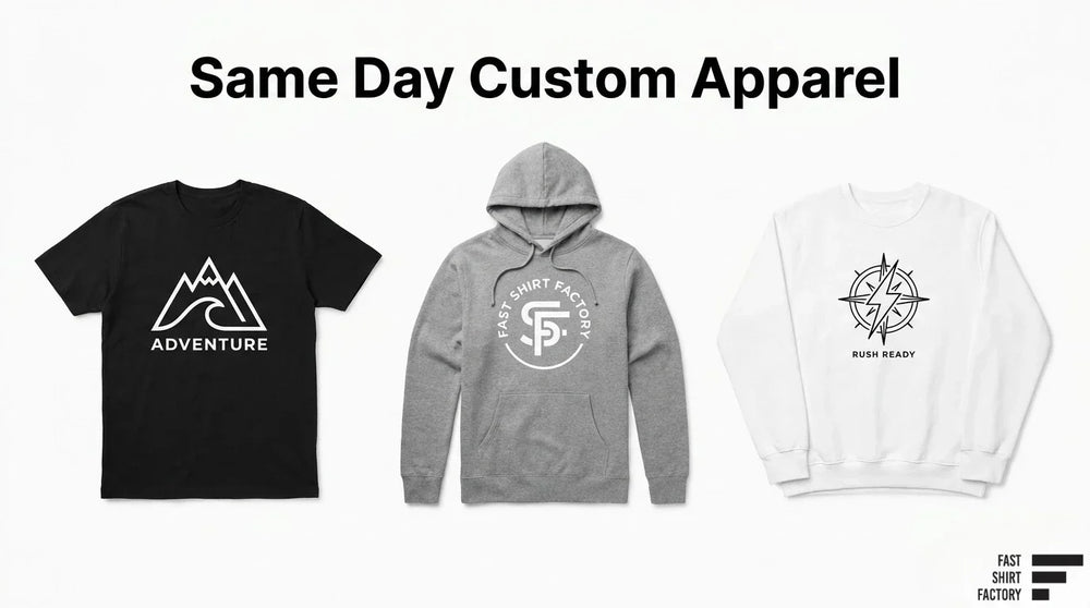 Same-day custom apparel featuring a printed T-shirt, hoodie, and sweatshirt.