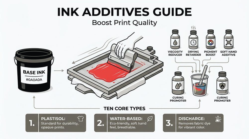 Screen printing ink additives guide showing base ink, screen printing application, and additives for viscosity, drying time, pigment, soft hand, and curing performance.