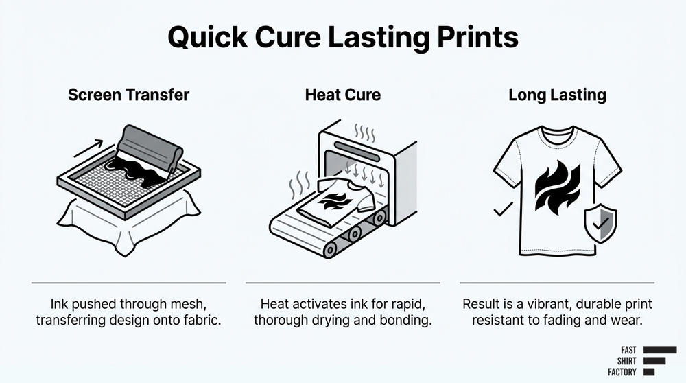 Screen printing process showing ink transfer, heat curing, and a durable finished T-shirt print.
