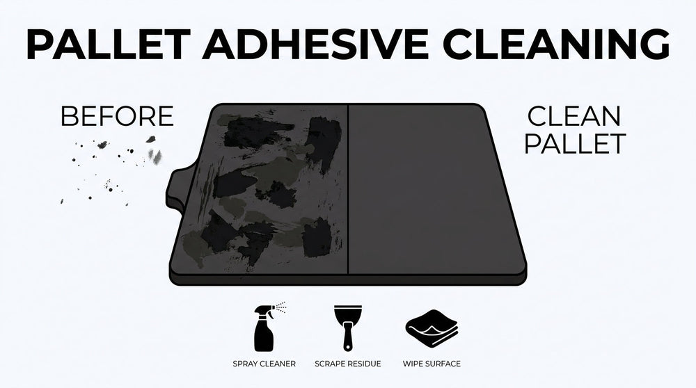 Pallet adhesive cleaning infographic showing a dirty pallet before cleaning and a clean pallet after spraying cleaner, scraping residue, and wiping the surface.
