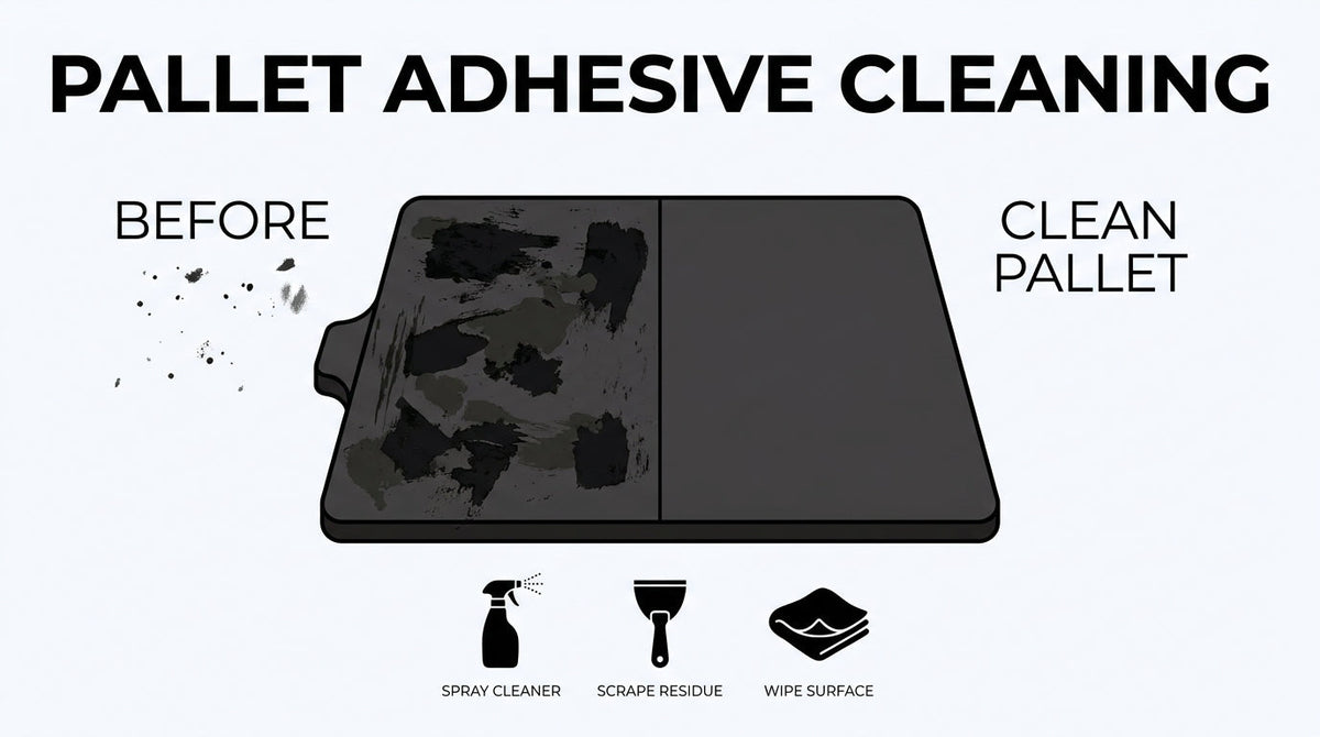 Pallet adhesive cleaning infographic showing a dirty pallet before cleaning and a clean pallet after spraying cleaner, scraping residue, and wiping the surface.