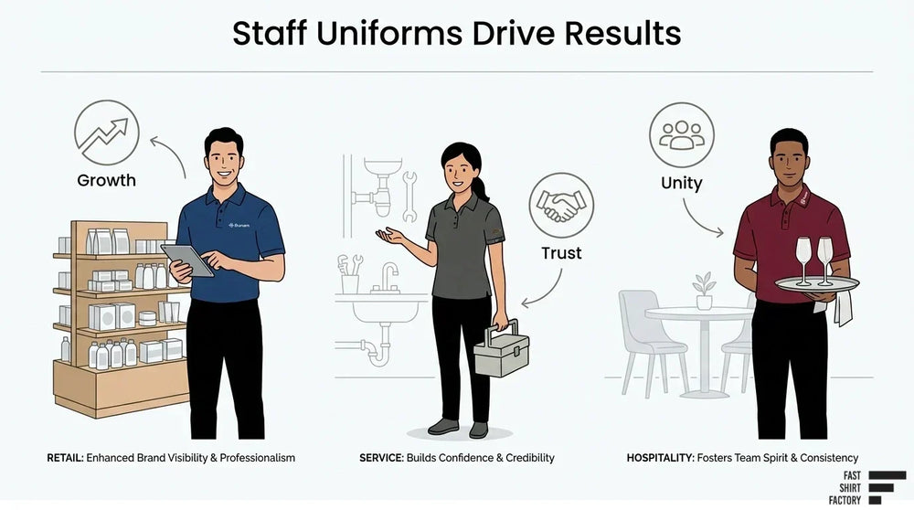 Staff uniforms for retail, service, and hospitality businesses illustrating benefits such as brand growth, customer trust, and team unity.