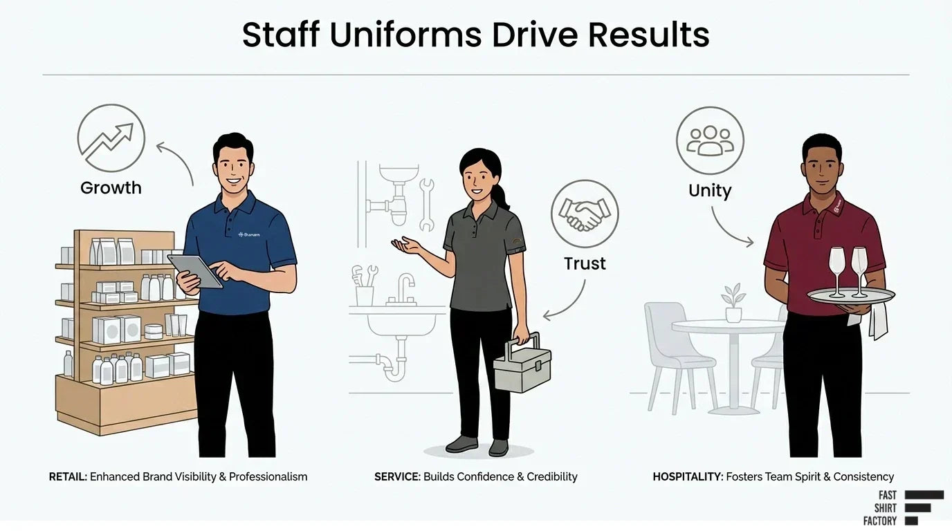 Staff uniforms for retail, service, and hospitality businesses illustrating benefits such as brand growth, customer trust, and team unity.