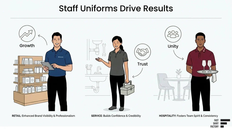 Staff uniforms for retail, service, and hospitality businesses illustrating benefits such as brand growth, customer trust, and team unity.