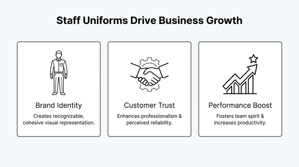 Staff uniforms business growth infographic highlighting brand identity, customer trust, and improved team performance.
