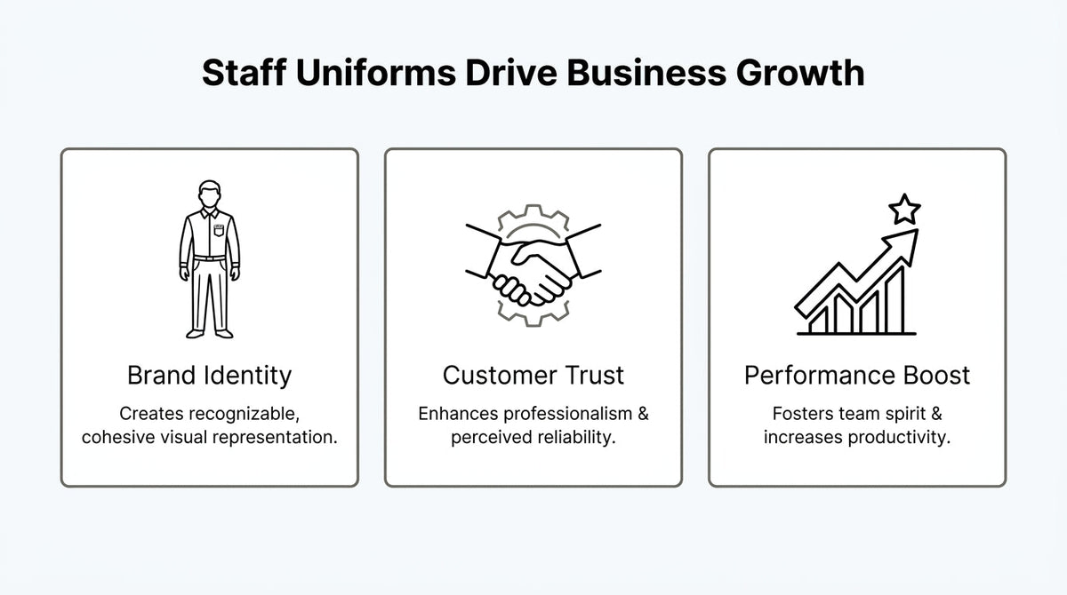 Staff uniforms business growth infographic highlighting brand identity, customer trust, and improved team performance.