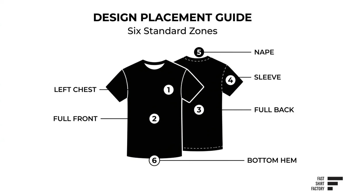 T-shirt design placement guide showing six standard print zones: left chest, full front, full back, sleeve, nape, and bottom hem.